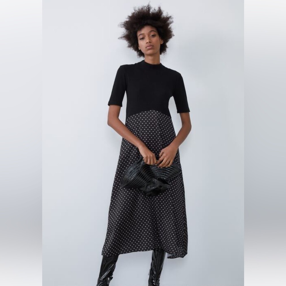 ZARA Knit/Satin Polka Dot Dress- size Small